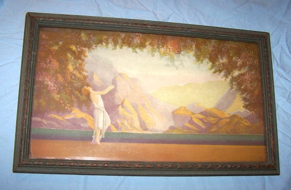 Trees and Mountains-15 by 9 1/4 inches Vintage Framed Art Nouveau Print w/Woman