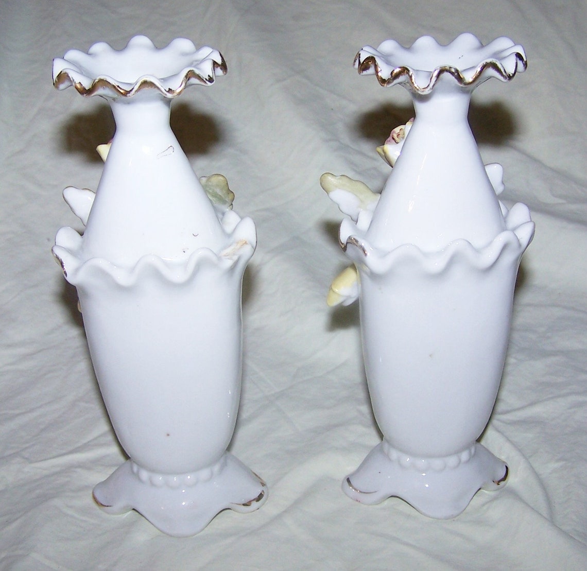 2 Vintage White Matching Vasesgold Trimmed W/applied Flowers Etsy