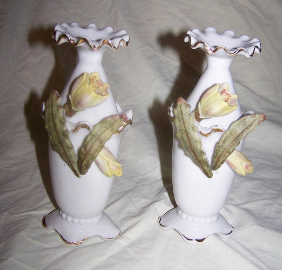 2 Vintage White Matching Vasesgold Trimmed W/applied Flowers Etsy