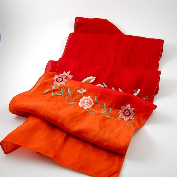 Embroidered Silk Scarf orange to red shades