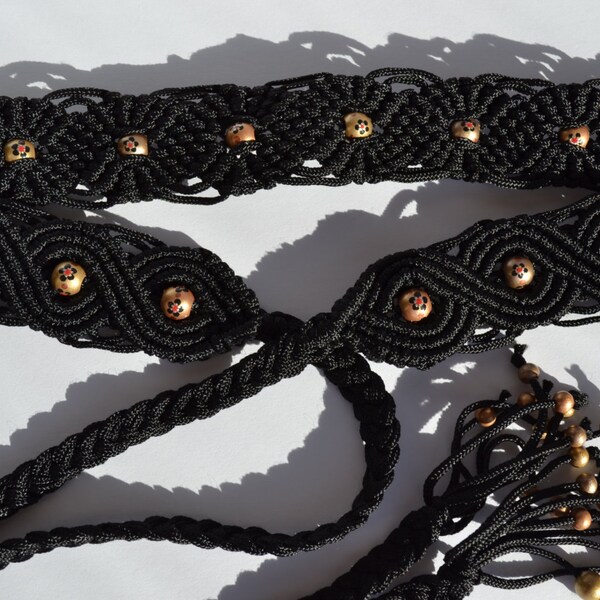 Black beaded  Macrame Belt - Woven cord Belt - Hand Painted Wooden Beads - Belt for Women- Macrame