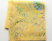 Canary Yellow Cotton Batik Hankies, Flower Scrolls, 12 quot Square, Handmade Handkerchief, Gifts For Women
