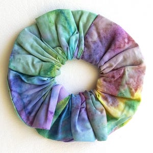 Handmade Cotton Batik Hair Scrunchie: Mottled Turquoise, Lavender, Green