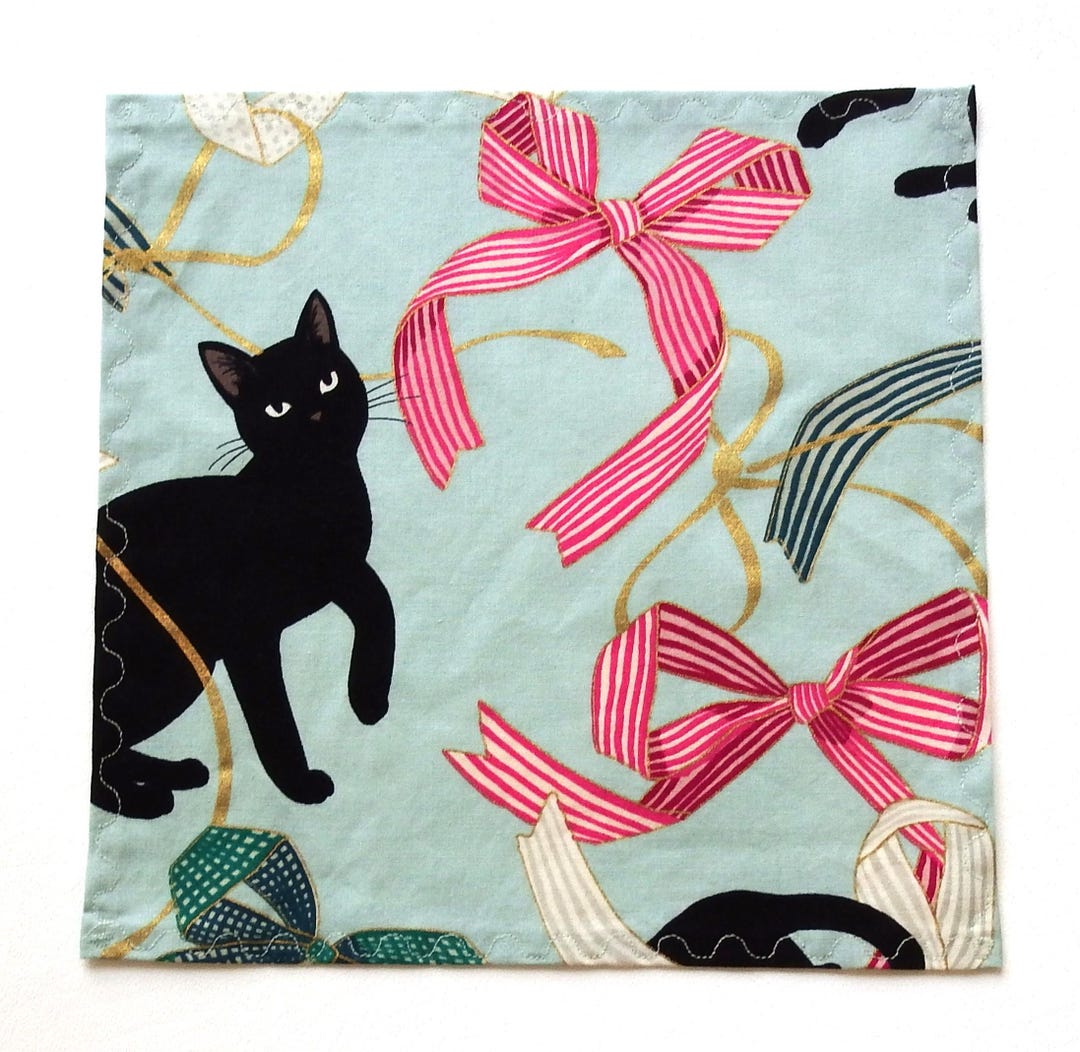 Black Cat Handkerchief, Satin Bows, Gold Metallic Accents, Small Cotton ...