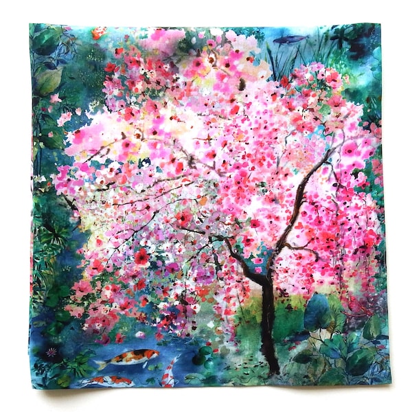 Cherry Blossom and Koi Pond Bandana, Japanese Garden, Handmade Cotton Scarf, 22" Square, Unique Gifts for Her