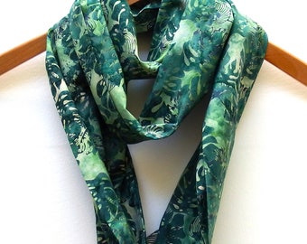 Philodendron Infinity, Tropical, Hawaiian, Cotton Batik Scarf, Hand Dyed Fabric, Travel, 8" Wide 74" Loop, Greens, Gifts for Her