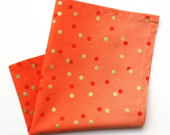Cotton Handkerchief: Orange Ombre Confetti, Gold Metallic Dots, 12" Pocket Square