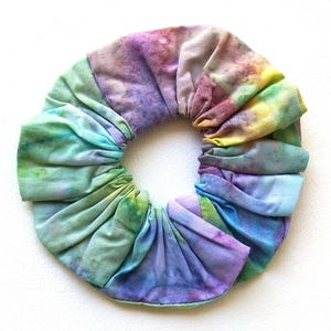 Hair Scrunchies, Mottled Turquoise Yellow Green Lavender, Elastic, Cotton Batik Fabric, Medium Size, Handmade Hair Accessory, Gifts for Her