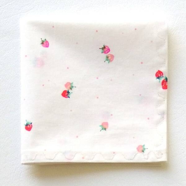 Strawberry Handkerchief, Pink Dots, Handmade Cotton Hankies, 9" Square, SMALLER SIZE, Weddings, Birthdays, Cloth Hankies, Gifts for Women