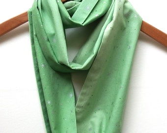 Fairy Dust Infinity Scarf, Green Ombre Cotton Print, Silver Metallic Stars, Mother's Day Gifts, 5.5" Wide 72" Loop, Gifts for Her