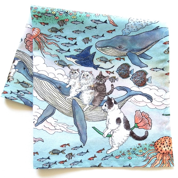 Cotton Handkerchief: Cats and Whales, Fish, 14" Square