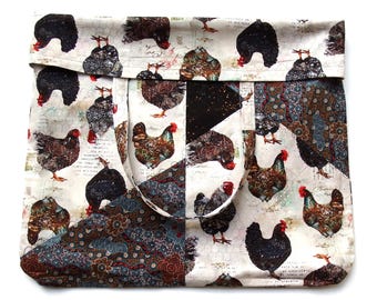Large Cotton Shopping Bag, Chickens, Original Pieced Design, Fully Lined, Farmer's Market, 18" x 18"