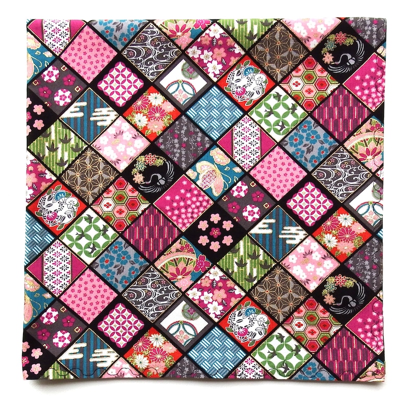 Cotton Bandana, Japanese Floral Patchwork, Gold Accents, 22