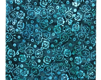 Cotton Batik Bandana Scarf: Teal and Turquoise Floral, Hand Dyed Fabric, 22" Square