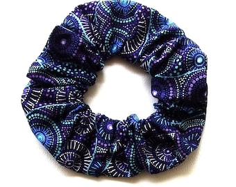 Hair Scrunchies, Australian Fabric, Blue, Turquoise Purple, Cotton Fabric, Medium Size, Spring and Summer, Handmade Hair Accessories