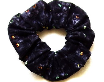 Black Cat Scrunchie, Gold Eyes, Green Eyes, Medium Size, Cotton Print Fabric, Hair Accessories