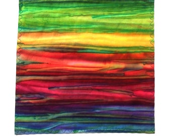 Batik Handkerchief, Brilliant Striated Rainbow Colors, 11" Pocket Squares, Hand Dyed Cotton Hankies, Gifts for Her and Him