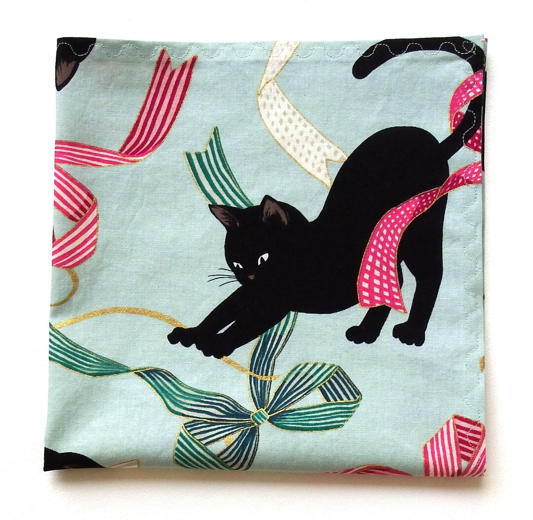 Black Cat Handkerchief, Satin Bows, Gold Metallic Accents, Cotton ...