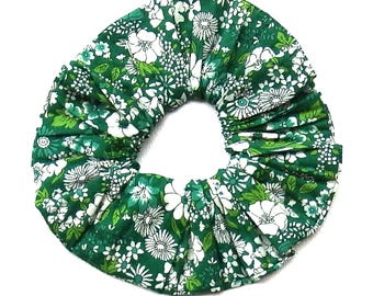 Green Floral Scrunchies: Lightweight Cotton Lawn, Medium Size, Handmade