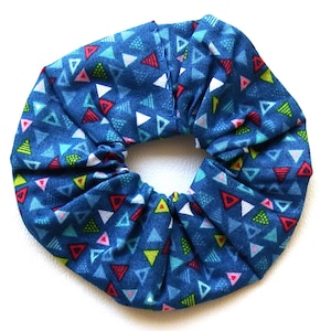 Cotton Hair Scrunchies, Colorful Triangles on Blue, Medium Size, Handmade Hair Accessory