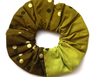 Cotton Scrunchie, Olive Green and Chartreuse Ombre Confetti, Gold Metallic Dots