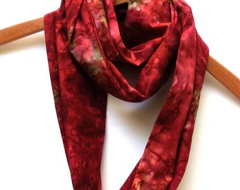 Batik Infinity Scarf, Mottled Oxblood and Olive Green, Hand Dyed Cotton Fabric, Summer Scarves, 8" Wide 72" Loop, Gifts for Her