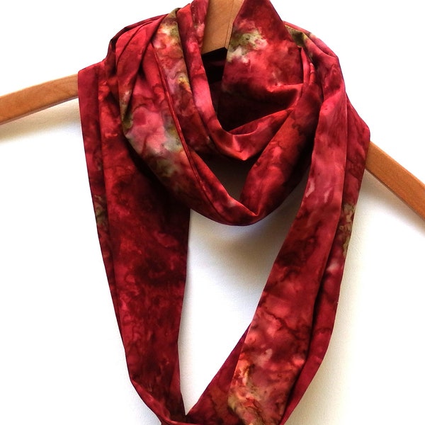 Batik Infinity Scarf, Mottled Oxblood and Olive Green, Hand Dyed Cotton Fabric, Summer Scarves, 8" Wide 72" Loop, Gifts for Her