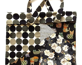 Large Cat Print Cotton Shopping Bag, Pieced Design, Farmer's Market Tote (18" x 18")