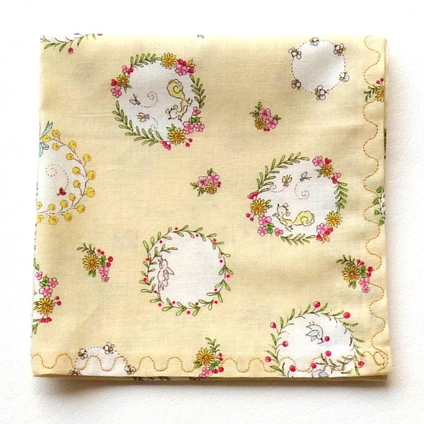 Cotton Handkerchief, Floral Wreaths, Birds, Bees, Bunnies, Squirrels, Birthday Gifts, 11" Square, Pretty Cloth Hankies, Gifts for Women