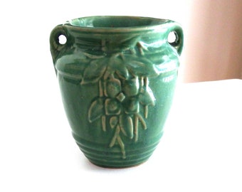 Vintage McCoy Vase, Glossy Green, Raised Flowers and Leaves, Two Handles, 7" Tall, No Markings, Free Shipping