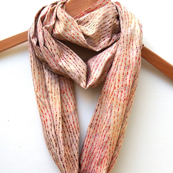 Infinity Scarf, Coral Garnet Mottled Beige, Beaded Lines and Dots, Hand Dyed Cotton Batik Fabric, Double Wrap, 10" Wide 72" Loop, Gifts