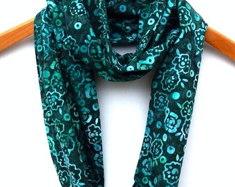 Batik Infinity Scarf: Teal Floral, Hand-Dyed Cotton Eternity, 9" Wide, 56" Loop