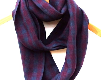 Laundered Linen Infinity Scarf, Pure Linen, Blue and Magenta Checks, Eternity Scarves, 6.5" Wide, 68" Loop