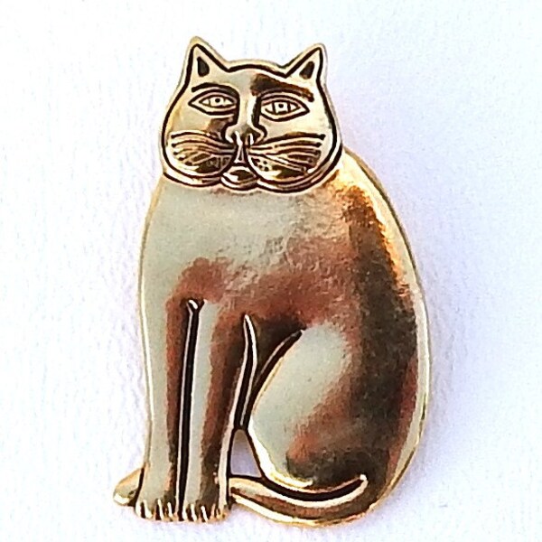 Laurel Burch Mystic Cat Brooch, Gold, Vintage Cat Pin, Signed