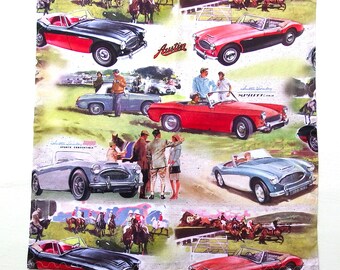 Austin Healey Hanky, British Racing Scene Handkerchief, Austin Sprite, Horse Races, 14" Cotton Print Pocket Square, Zero Waste Products