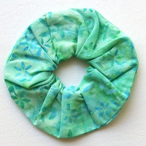 Turquoise Flower Hair Scrunchie: Mint Green Cotton Batik, Handmade