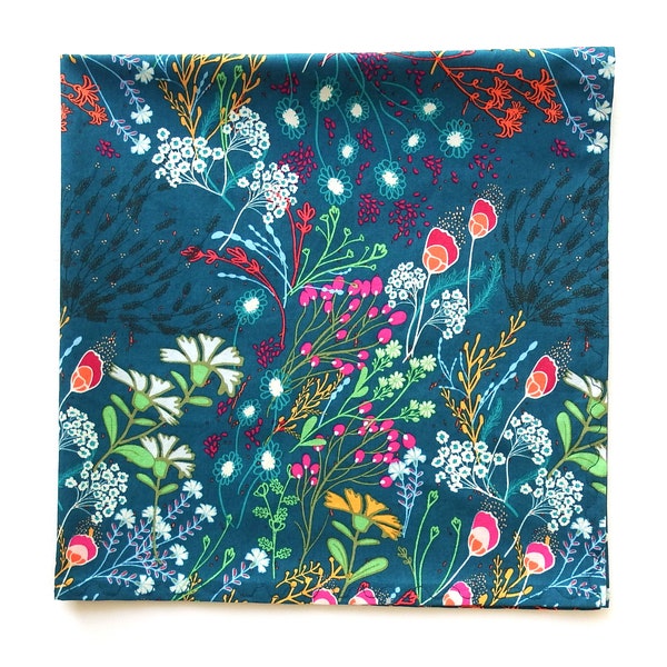 Bandana floral balayé par le vent, écharpes en coton léger, carré de 22 po., foulard bleu sarcelle, fête des mères, cadeaux faits main pour femme
