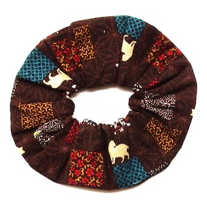 Cat Scrunchie: Patchwork on Brown, Medium Size, Japanese Fabric
