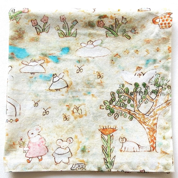 Cotton Handkerchief: Angels, Bunnies, Mice, Cats, Vintage Style, 14" Square
