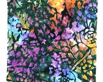 Cotton Batik Handkerchief: Gold, Green, Purple Floral Pocket Square, 14" Square