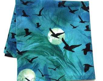 Raven and Full Moon Handkerchief: Black Crows, Halloween, Cotton Hanky, 12" Square