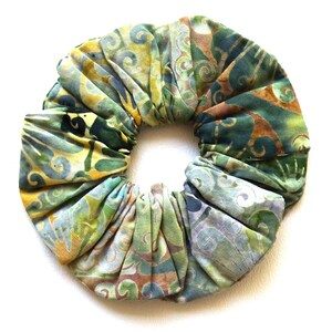 Batik Hair Scrunchies, Fantasia, Sage Green Teal Gray Yellow, Cotton Batik Fabric, Medium Size, Handmade Hair Accessories