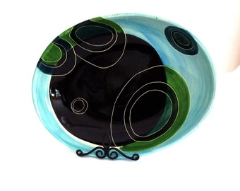 Hood River, Oregon Studio Pottery, Signed Melanie Thompson, 2002, Shallow Bowl, Glossy Glaze, Black, Turquoise, Teal, Green, Ovals