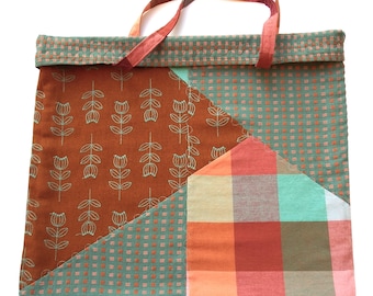 Handmade Pieced Linen Cotton Shopping Bag, Large Farmer's Market Tote (18" x 18")