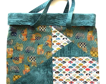 Large Cotton Shopping Bag, CATS, Original Pieced Design, Fully Lined, Farmer's Market, 18" x 18"