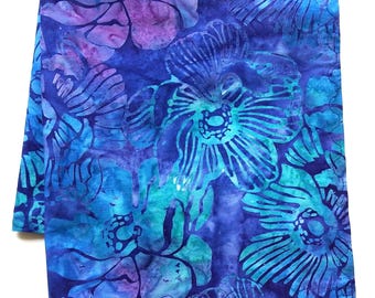 Batik Handkerchief: Hand-Dyed Cotton, Blue and Purple Flowers, 14" Pocket Square