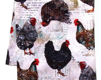 Chicken Handkerchief: Boho Chicks, Pure Cotton, Roosters, 14" Square