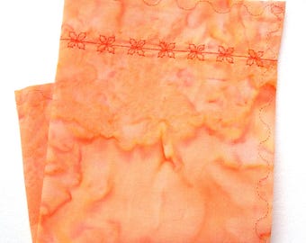 Cotton Batik Handkerchief: Peach Apricot, Embroidered Flowers, Hand-Dyed Fabric, 9" Pocket Square, SMALLER SIZE