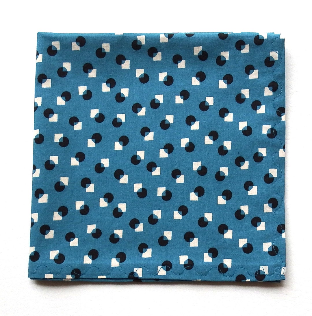 Men's Handkerchief, Black Dots, off White Squares, Teal Background