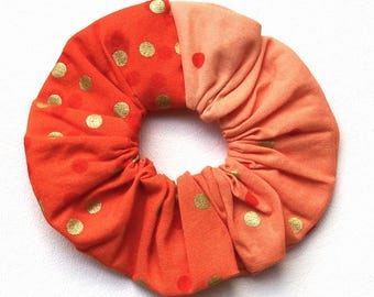 Cotton Scrunchie, Orange Ombre Confetti, Gold Metallic Dots